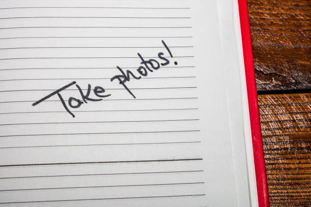 istock Take photos, handwriting text on page of office agenda. Copy space. 1201168204