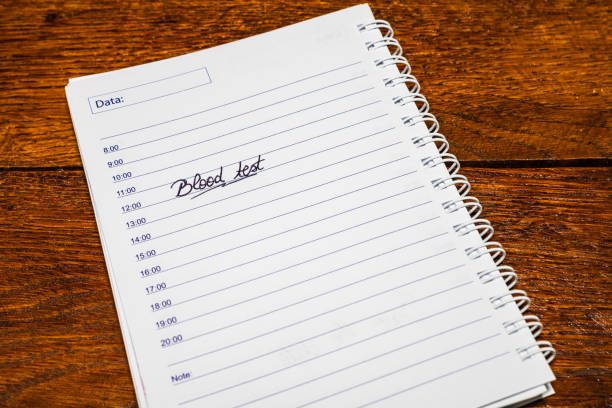 istock Blood test, handwriting text on page of office agenda. Copy space. 1201168278
