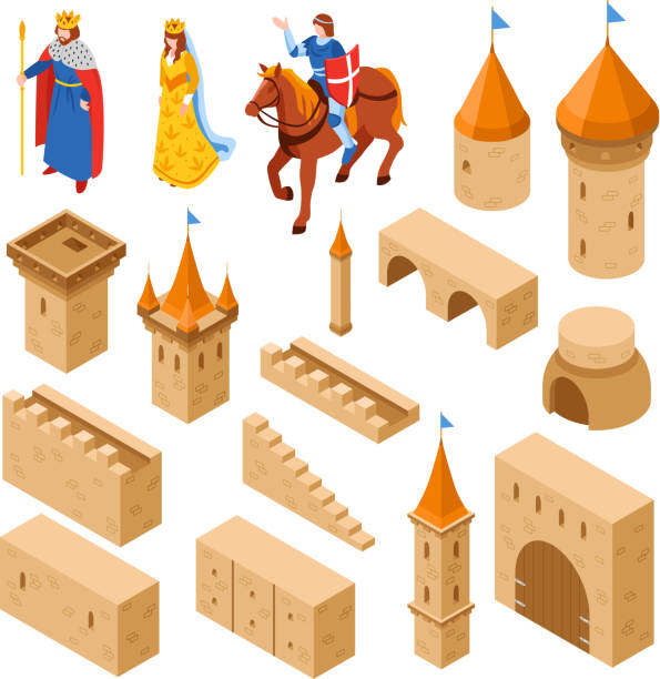izometrycznego średniowiecza europejski zamek królewski - palace gate stock illustrations