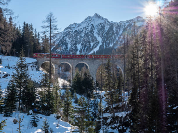 istock Viaduct with red train in Switzerland 1201168419