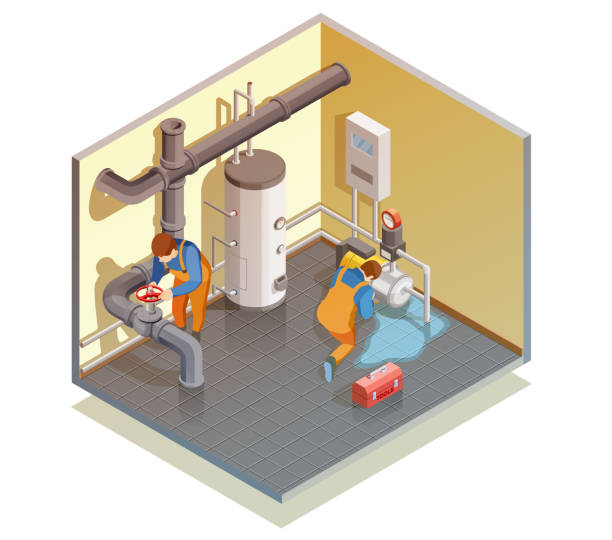 plumber isometric composition Two plumbers at work fixing boiler leak and checking heating water system pressure isometric composition vector illustration adjusting stock illustrations