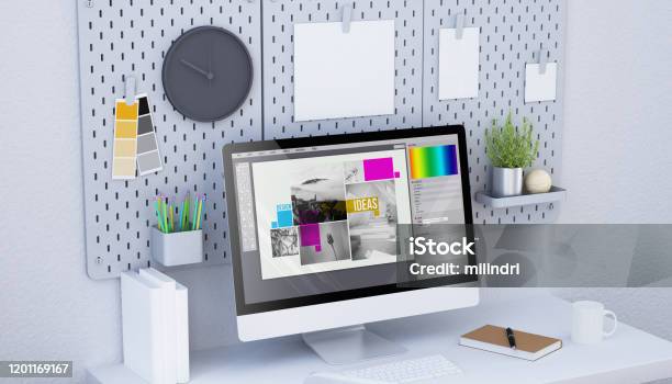 Minimalist Studio Graphic Design Stock Photo - Download Image Now - Pegboard, Bulletin Board, Computer