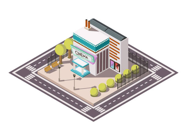 isometric entertainment places cinema Cinema building isometric composition with road bench and trees vector illustration tragicomedy stock illustrations