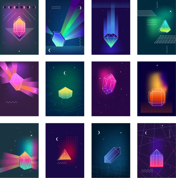 polygonal crystals set Geometric diamond prism shaped polygonal crystals bright glowing in the darkness colorful icons collection isolated vector illustration prism stock illustrations