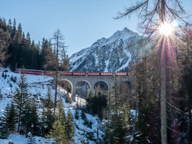 istock Viaduct with red train in Switzerland 1201170925