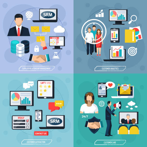 crm flat 2x2 CRM flat design concept with supplier relationship management analysis care and satisfaction of customer isolated vector illustration supplier relationship management stock illustrations