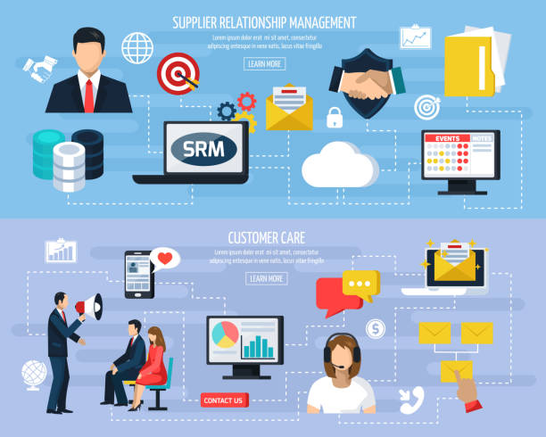 crm flat banners CRM horizontal flat banners with supplier relationship management and customer care on pastel backgrounds isolated vector illustration supplier relationship management stock illustrations
