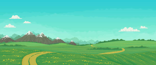ilustrações de stock, clip art, desenhos animados e ícones de summer landscape with rural dirt road running through green meadows with wildflowers and trees, snowy mountains with bright blue sky and clouds in the background. cartoon vector illustration, country, farming banner. - mountain mountain range snow cloudscape