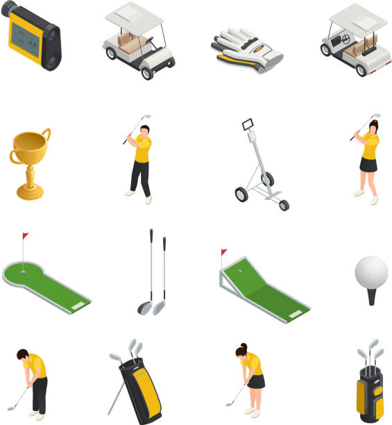 golf-isometrie-set - golf golf course swinging isolated stock-grafiken, -clipart, -cartoons und -symbole