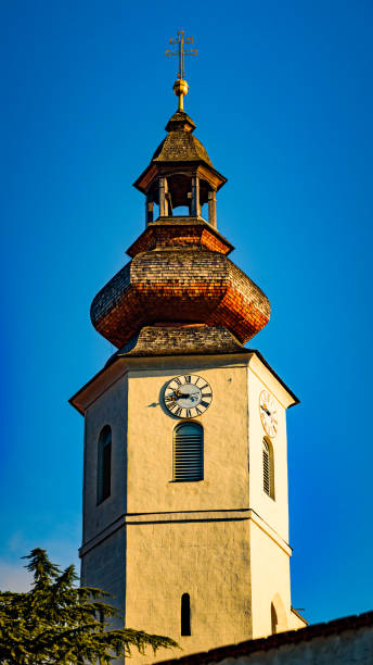 Frohnleiten church tovwer above Mur river in Styria,Austria. Famous travel destination. Frohnleiten, Styria, Austria 08.01.2020 - church tower above above Mur river in Styria,Austria. View at Parish church, town and river Mur. Famous travel destination. frohnleiten stock pictures, royalty-free photos & images