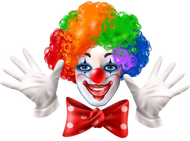 realistic portrait clown Circus clown smiling face with hands multi color wig and red bow realistic close-up portrait vector illustration circus clown carnival harlequin stock illustrations