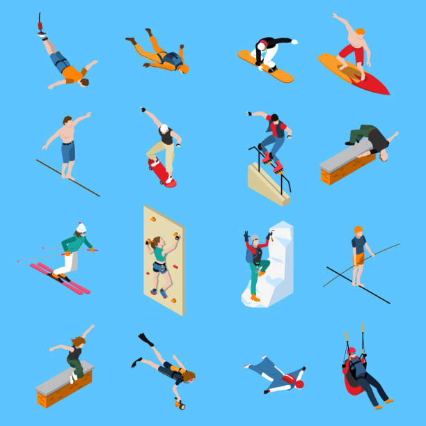 ilustrações de stock, clip art, desenhos animados e ícones de extreme sports people isometric - snowboarding snowboard skiing ski