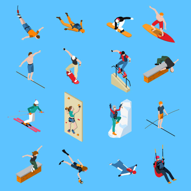 extreme sports people isometric Extreme sports people isometric set with diving skateboarding paragliding skiing surfing on blue background isolated vector illustration extreme sports stock illustrations