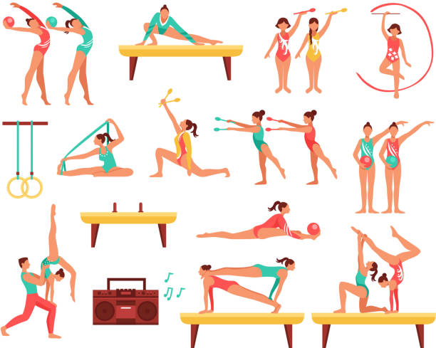 gymnastics acrobatics sport Decorative icons set with gymnastics including girls with sports tools and acrobatics on beam isolated vector illustration gymnastics stretches stock illustrations