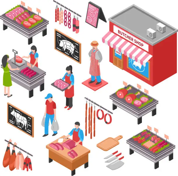 Vector illustration of 3d buchery meat shop isometric set