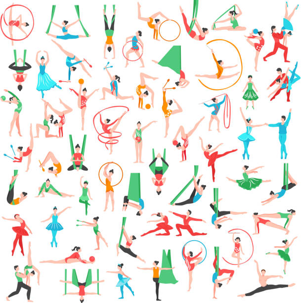 gymnastics big set Gymnastics and ballet big set including dancers trapeze artists acrobats girls with sports tools isolated vector illustration circus performer stock illustrations