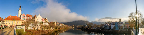 Frohnleiten panorama small town above Mur river in Styria,Austria. Famous travel destination. Frohnleiten panorama small town above Mur river in Styria,Austria. View at Parish church, town and river Mur. Famous travel destination. frohnleiten stock pictures, royalty-free photos & images