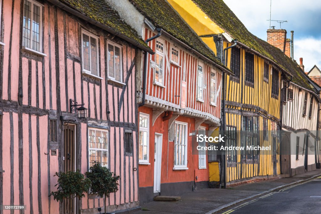 Water Street Half-timbered medieval cottages, Water Street, Lavenham, Suffolk, England, United Kingdom Lavenham Stock Photo