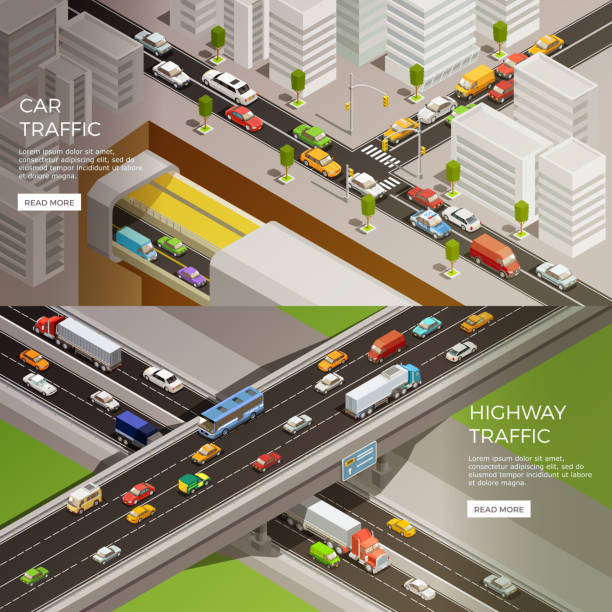 ilustrações, clipart, desenhos animados e ícones de elementos rodoviários isométricos - estrada principal estrada