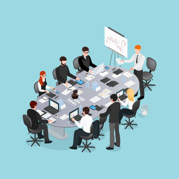 office conference isometric Office conference isometric design with speaker near board and participants behind table on blue background vector illustration conference table stock illustrations