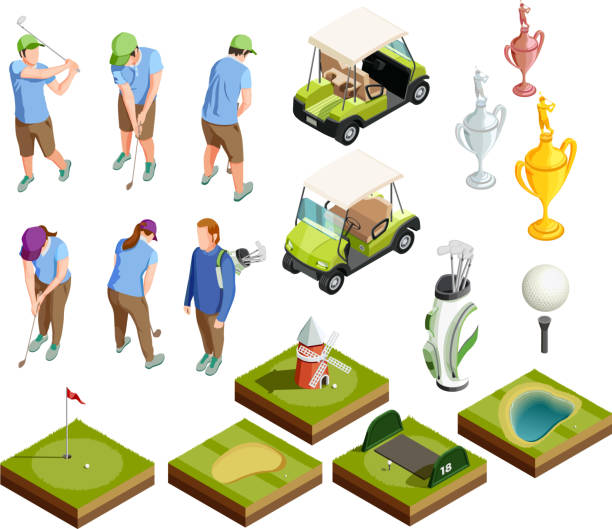 ilustraciones, imágenes clip art, dibujos animados e iconos de stock de icono isométrico del golf - putting golf golfer golf swing