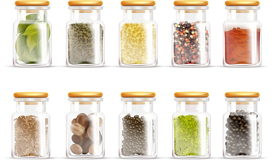 Isolated and colored herbs spices jars icon set in realistic style with different spices inside vector illustration