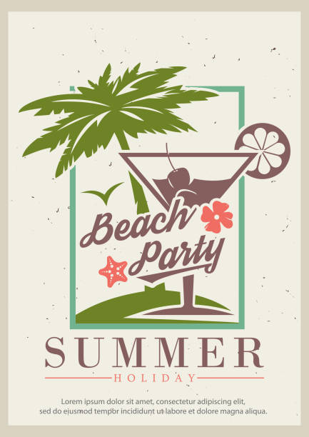 Summer beach party vector retro poster design template Summer beach party grunge typography poster design template, vector illustration in retro style. Night club disco party concept for banner, flyer. beach bar stock illustrations
