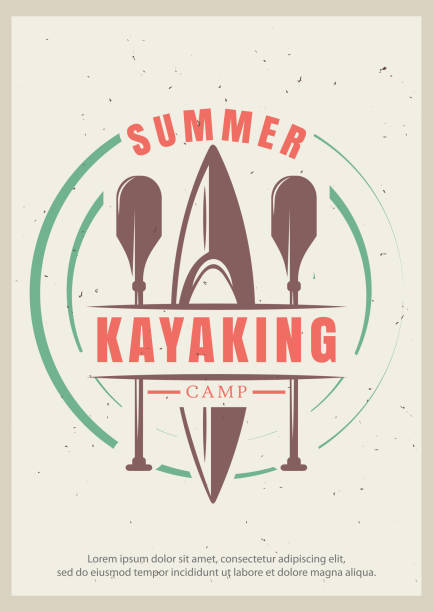 Summer kayaking vector retro poster design template Summer kayaking grunge typography poster design template, vector illustration in retro style. Kayak and paddles, water sport activity concept for banner, flyer. rafting kayak kayaking river stock illustrations