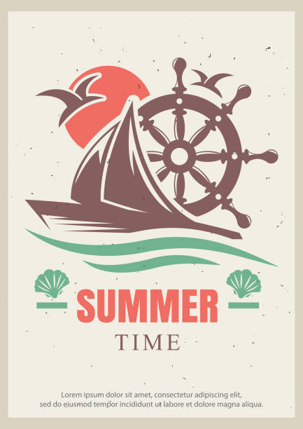 ilustrações de stock, clip art, desenhos animados e ícones de summer time vector retro poster design template - sailboat nautical vessel lake sea