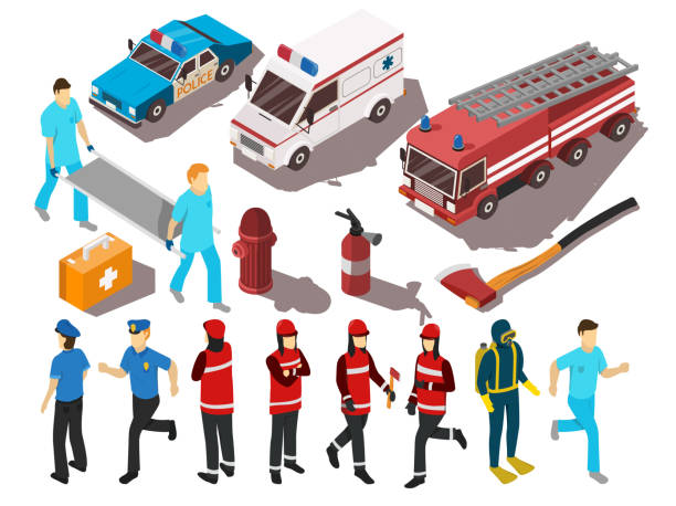 ilustrações de stock, clip art, desenhos animados e ícones de rescue service isometric set - emergency services car urgency isometric