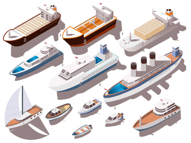 illustrazioni stock, clip art, cartoni animati e icone di tendenza di navi isometrico set - isometric nautical vessel yacht sailboat