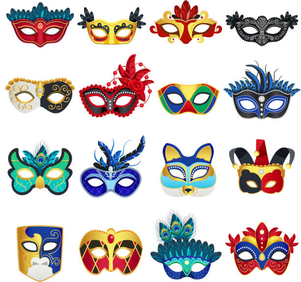 venetian carnival masks set Set of different colorful venetian carnival masks with feathers and clowns hat flat isolated vector illustration masquerade mask stock illustrations