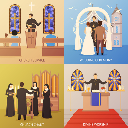 Colorful religious 2x2 design concept set with church service and wedding ceremony flat isolated vector illustration