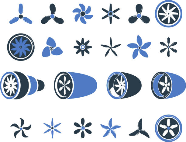 flugzeug-motoren. propellerturbinensymbole flugzeugausrüstung, die den luftfahrtvektor detailliert aufgibt - propeller stock-grafiken, -clipart, -cartoons und -symbole