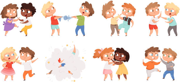 ilustrações, clipart, desenhos animados e ícones de meninos brigando. crianças irritadas do bully da escola que punem em caráteres do desenho animado do vetor do campo de jogos ajustados - fighting