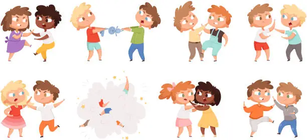 Vector illustration of Boys fighting. School bully angry kids punishing in playground vector cartoon characters set