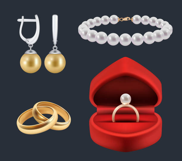 Wedding rings. Gold trappings in decoration red packs glossy jewelry vector realistic set Wedding rings. Gold trappings in decoration red packs glossy jewelry vector realistic set. Illustration jewellery and brilliance, costly luxurious collection necklace jewelry image stock illustrations
