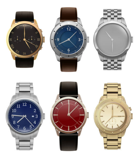 stockillustraties, clipart, cartoons en iconen met horloges. realistische luxe zilveren en gouden mannen horloges met moderne stalen armbanden mode vector collectie - watch