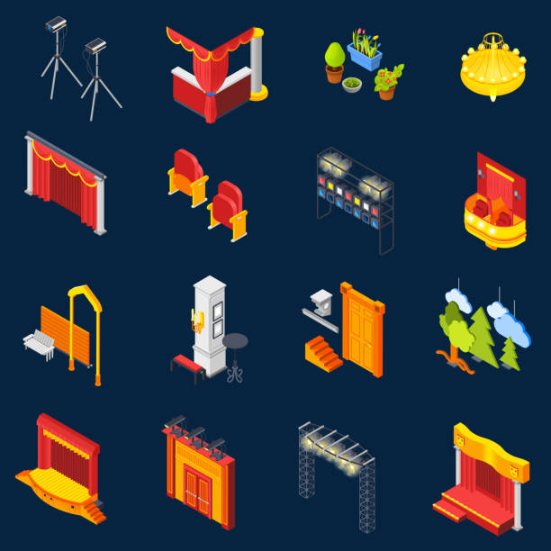 theatre isometric interior elements Theatre isometric icons set on blue background isolated vector illustration tragicomedy stock illustrations