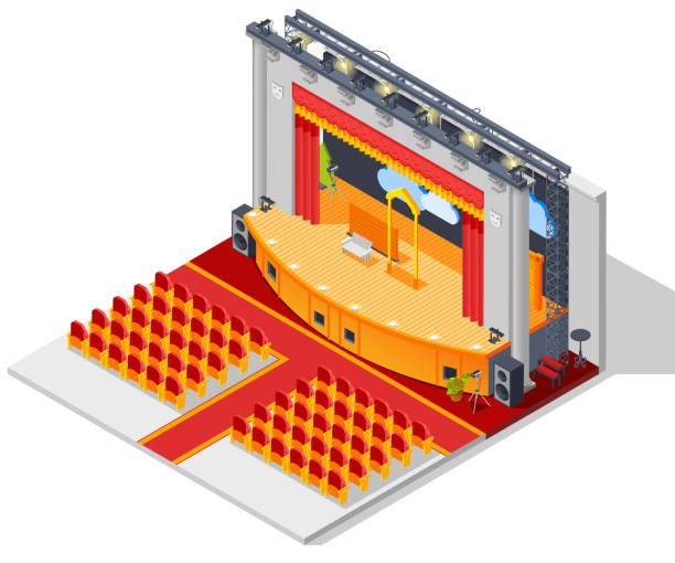 theatre isometric interior Theatre interior isometric concept with seats stage and curtains vector illustration tragicomedy stock illustrations