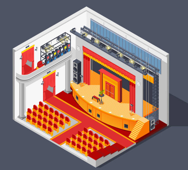 theatre isometric interior Theatre interior isometric composition with lights stage and scenery vector illustration tragicomedy stock illustrations