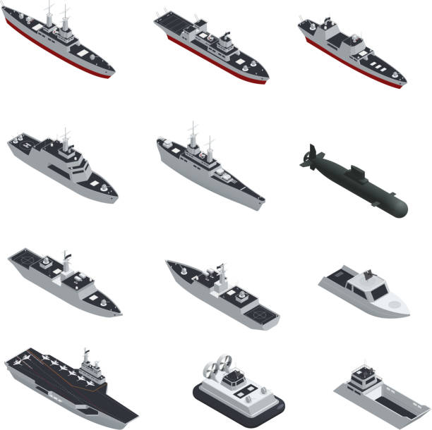 military boats isometric Dark color military boats isometric isolated icon set for different types of troops vector illustration naval ship stock illustrations