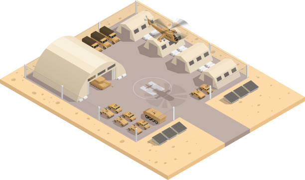 military isometric composition Beige color military isometric composition with with helipad and parking guarded area vector illustration military infographic elements stock illustrations