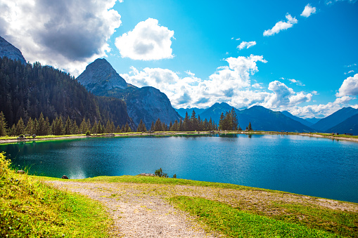 Beautiful Austrian countryside european lakeside landscape on a beautiful day