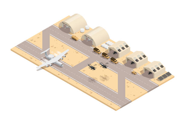 military isometric composition Colored military isometric composition in beige colors with runway great location for a military base vector illustration military base stock illustrations