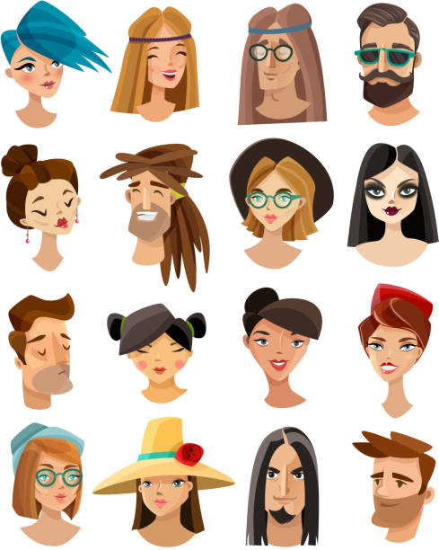 avatars set Set of male and female avatars in cartoon style including hippie punk hipster goth isolated vector illustration emo hair guys stock illustrations