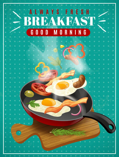 illustrations, cliparts, dessins animés et icônes de affiche du petit déjeuner - omelet bacon tomato fruit
