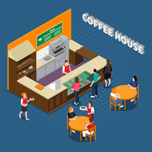 ilustraciones, imágenes clip art, dibujos animados e iconos de stock de cafetería de café composición isométrica - isometric people cafe coffee shop