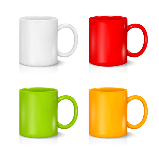 Set of colored mugs on the white vector art illustration