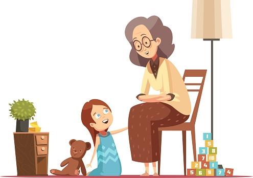 Grandmother home talking to little granddaughter with teddybear senior woman character retro cartoon poster vector illustration